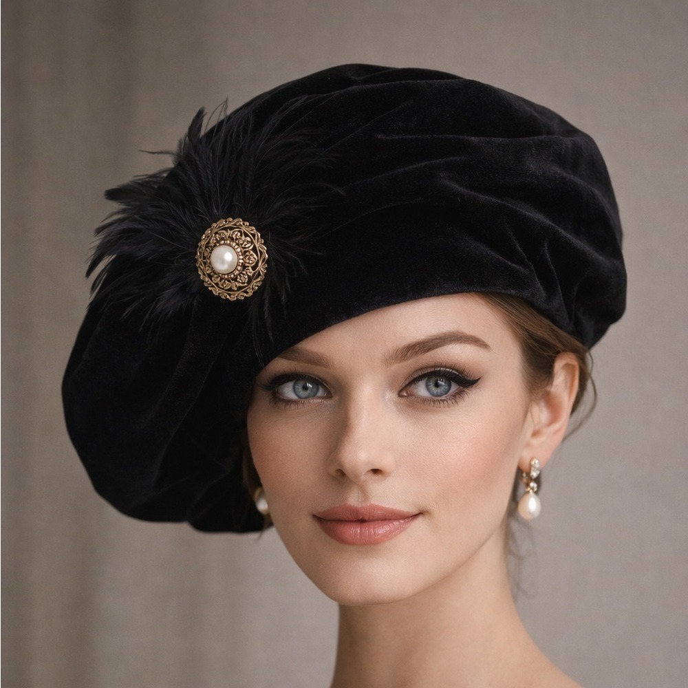 VTG 90s J. Peterman Oversized Slouch Beret Cap L Velvet Feather Medallion Italy